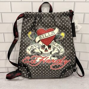 Ed Hardy Love Kills Slowly Rhinestone Drawstring‎ Backpack Grey Skull Heart NWT